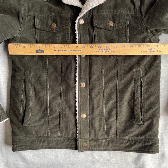 GUESS Mens Sherpa Lined Corduroy Trucker Jacket Olive Green Size S - Picture 5 of 11